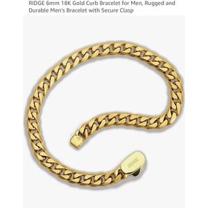 RIDGE 6mm 18K Gold Curb Bracelet Mens Rugged Durable Secure Clasp 8 inch